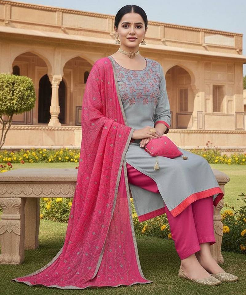 Grey color cotton slub fabric designer casual suit with embroidery
