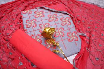 Grey color cotton slub fabric designer casual suit with embroidery 3