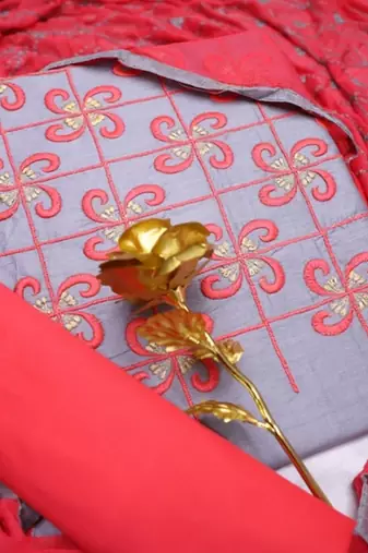 Grey color cotton slub fabric designer casual suit with embroidery