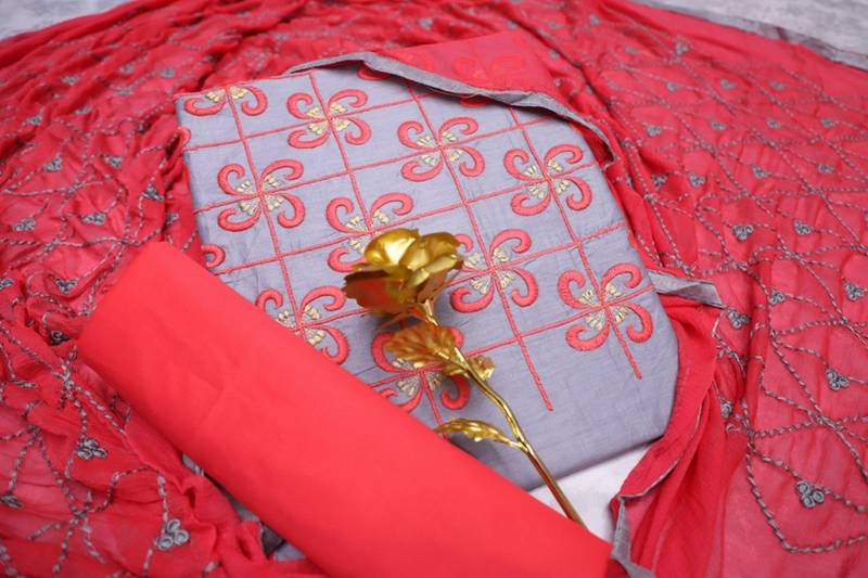 Grey color cotton slub fabric designer casual suit with embroidery