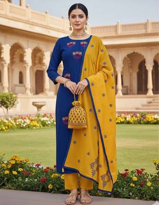 Blue color cotton slub fabric designer casual suit with embroidery 1