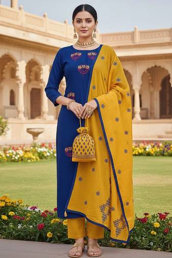 Blue color cotton slub fabric designer casual suit with embroidery
