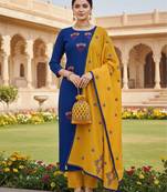 Blue color cotton slub fabric designer casual suit with embroidery