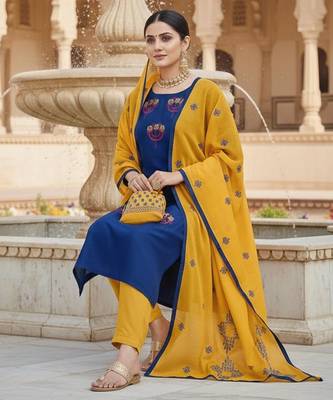 Blue color cotton slub fabric designer casual suit with embroidery 2