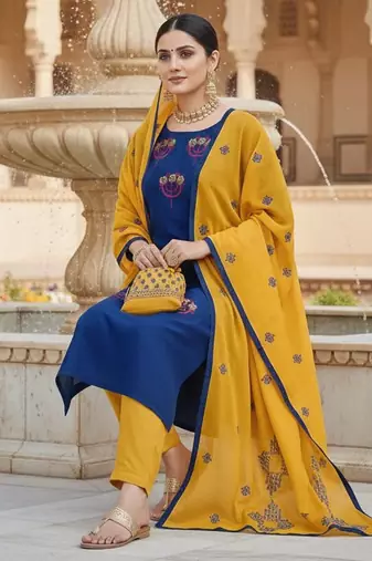 Blue color cotton slub fabric designer casual suit with embroidery