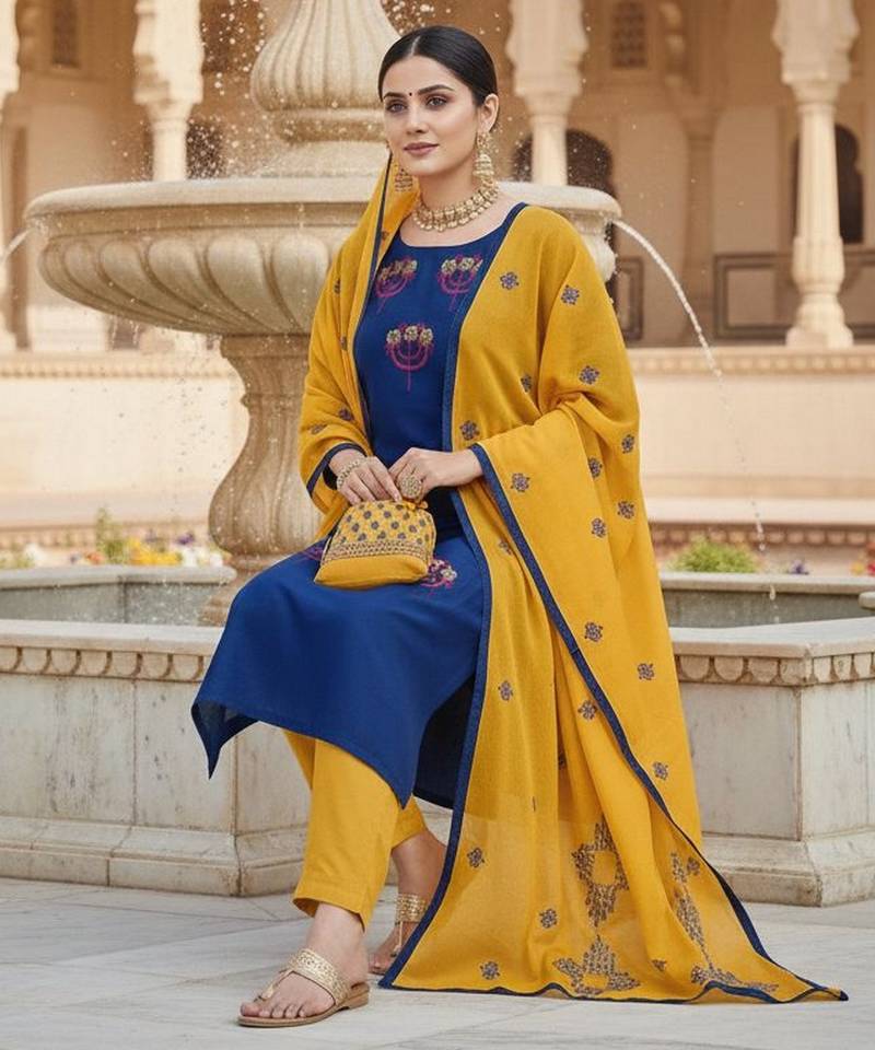 Blue color cotton slub fabric designer casual suit with embroidery