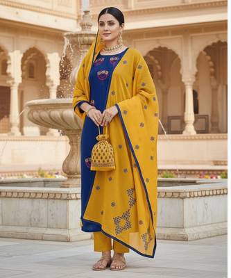 Blue color cotton slub fabric designer casual suit with embroidery 3