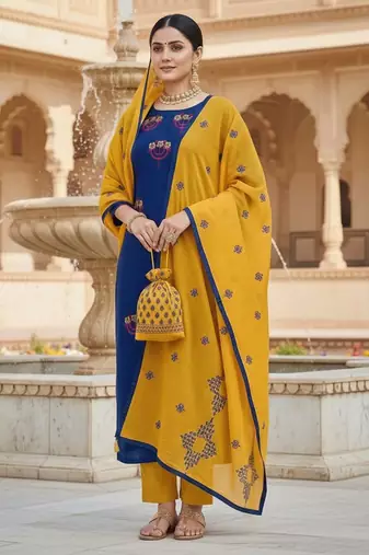 Blue color cotton slub fabric designer casual suit with embroidery