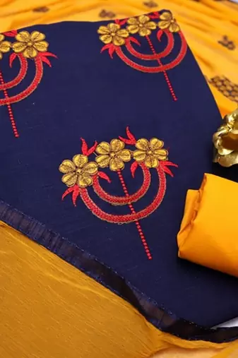 Blue color cotton slub fabric designer casual suit with embroidery