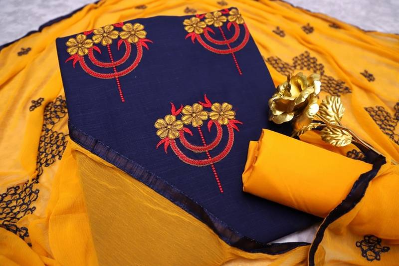 Blue color cotton slub fabric designer casual suit with embroidery