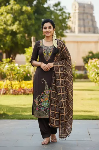 Coffee color beautiful stylish fancy suit for girlie looks