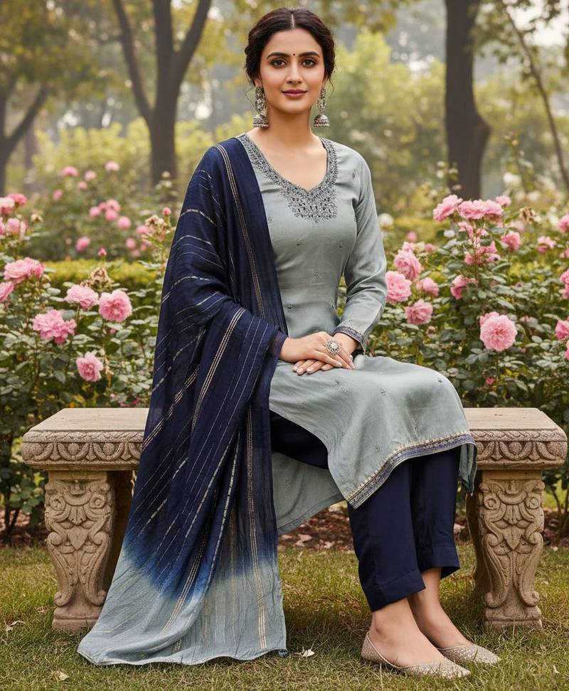 Grey color beautiful ethnic partywear embroidered suit