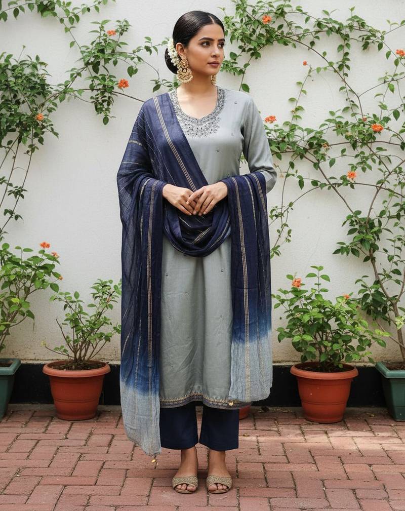 Grey color beautiful ethnic partywear embroidered suit