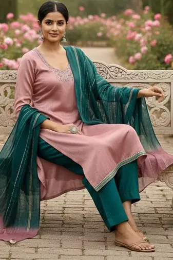 Peach color beautiful ethnic partywear embroidered suit