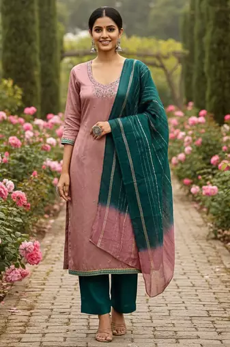 Peach color beautiful ethnic partywear embroidered suit