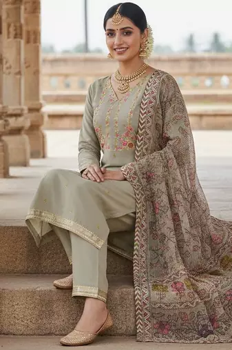 Grey color beautiful ethnic partywear embroidered suit