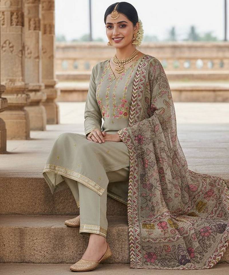 Grey color beautiful ethnic partywear embroidered suit