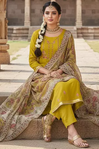 Yellow color beautiful ethnic partywear embroidered suit