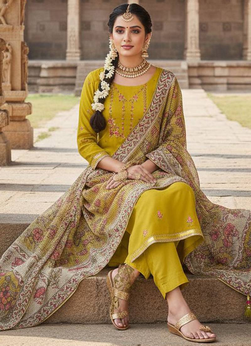 Yellow color beautiful ethnic partywear embroidered suit