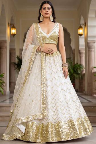 Dazzling White Zari Embroidery Net Reception Wear Lehenga Choli With Dupatta