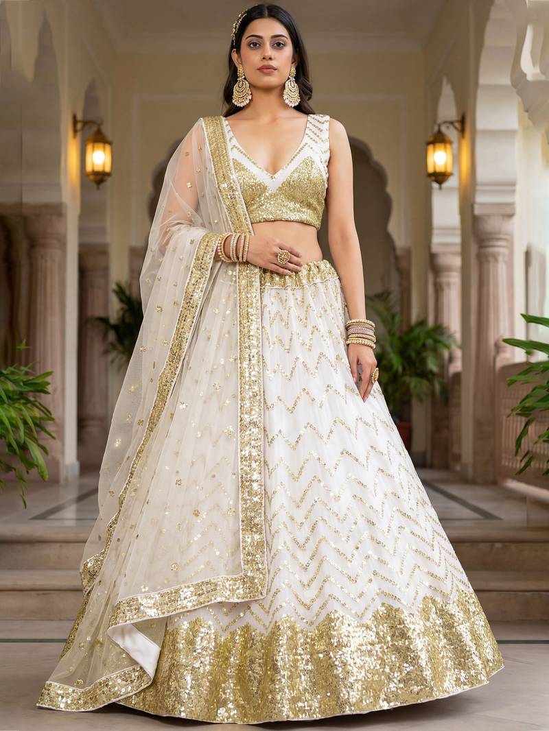 Dazzling White Zari Embroidery Net Reception Wear Lehenga Choli With Dupatta