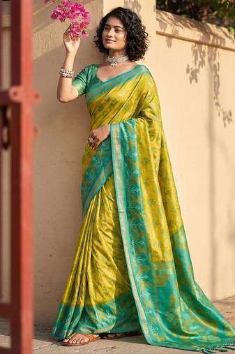 Mustrad yellow color pochampalli silk saree with graceful woven designer looks