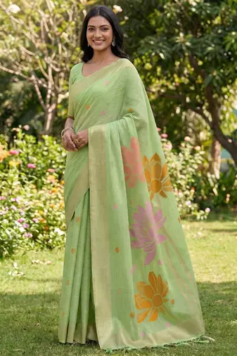 Green color linen cotton fabric woven designer partywear saree