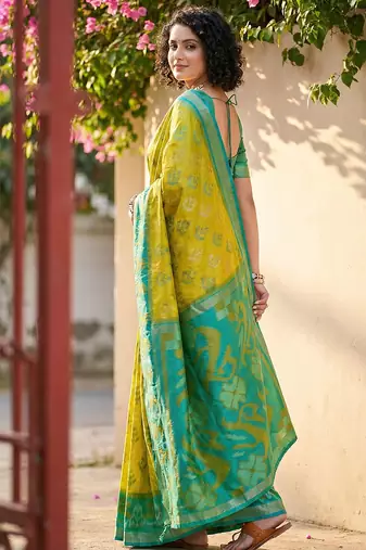 Mustrad yellow pochampalli silk blend saree with graceful woven looks