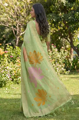 Green linen cotton woven partywear saree