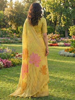 Yellow linen cotton woven partywear saree 2