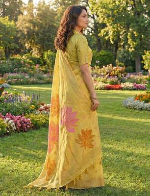 Yellow linen cotton woven partywear saree 3