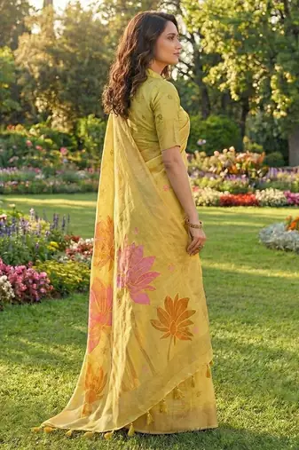 Yellow linen cotton woven partywear saree