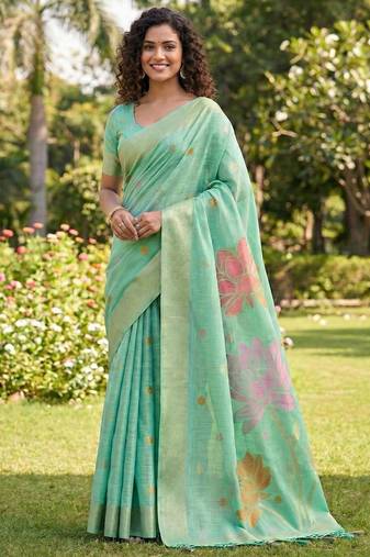 Sea green color linen cotton fabric woven designer partywear saree