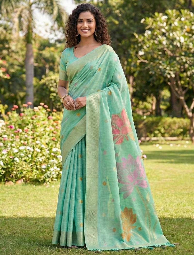 Sea green color linen cotton fabric woven designer partywear saree