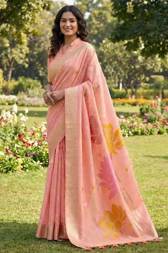 Peach color linen cotton fabric woven designer partywear saree