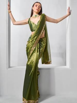 Mahendi gold twill net real mirror and coding lace work work saree 1