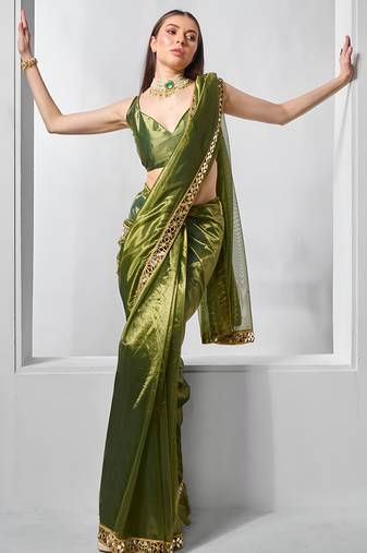 Mahendi color gold twill net fabric real mirror and coding lace work work designer saree