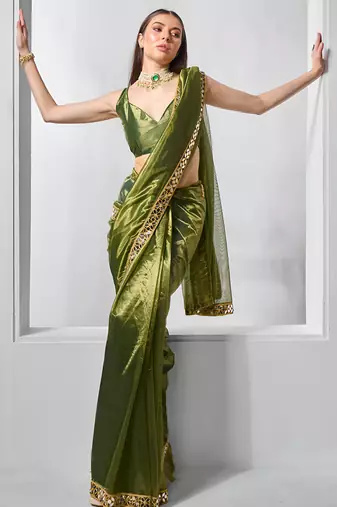 Mahendi color gold twill net fabric real mirror and coding lace work work designer saree