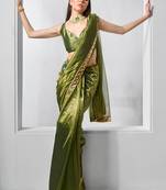 Mahendi color gold twill net fabric real mirror and coding lace work work designer saree