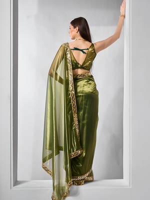 Mahendi gold twill net real mirror and coding lace work work saree 2
