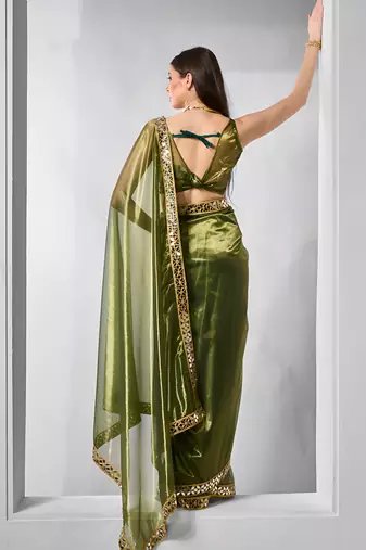 Mahendi gold twill net real mirror and coding lace work work saree