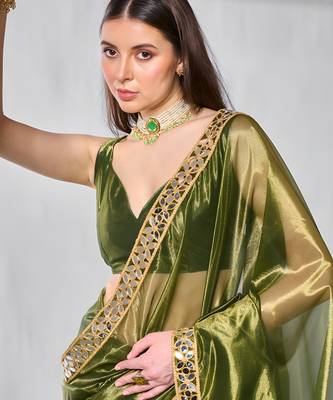 Mahendi gold twill net real mirror and coding lace work work saree 3