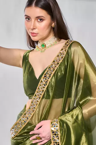 Mahendi gold twill net real mirror and coding lace work work saree