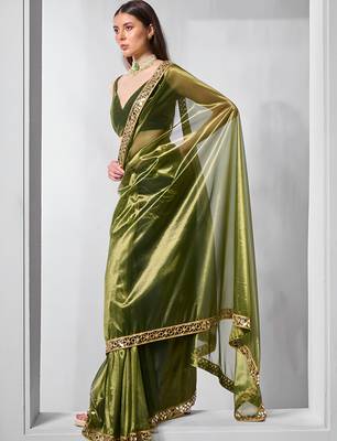 Mahendi gold twill net real mirror and coding lace work work saree 4