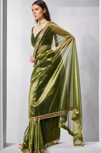 Mahendi gold twill net real mirror and coding lace work work saree