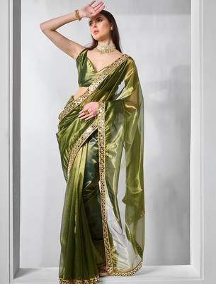 Mahendi gold twill net real mirror and coding lace work work saree 5