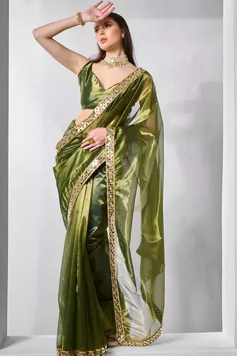 Mahendi gold twill net real mirror and coding lace work work saree