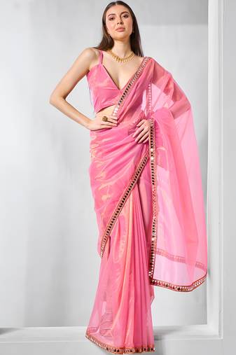 Pink color gold twill net fabric real mirror and coding lace work work designer saree