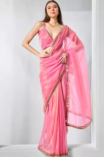 Pink color gold twill net fabric real mirror and coding lace work work designer saree