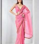 Pink color gold twill net fabric real mirror and coding lace work work designer saree